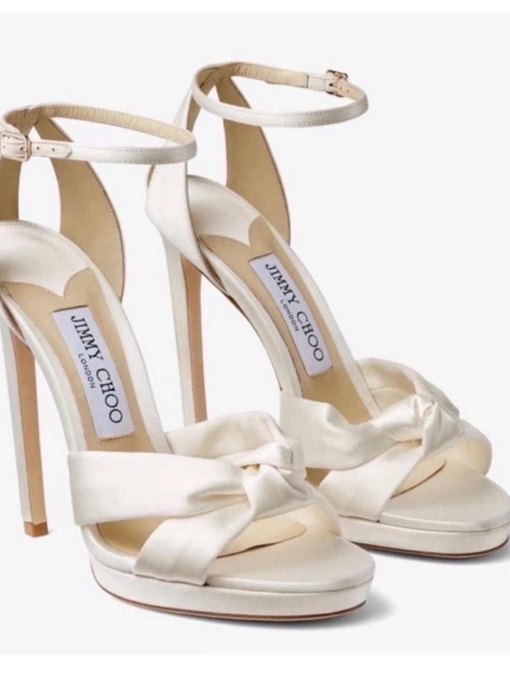 Jimmy Choo Rosie Ivory Satin Knot-Ankle Strap High Heels